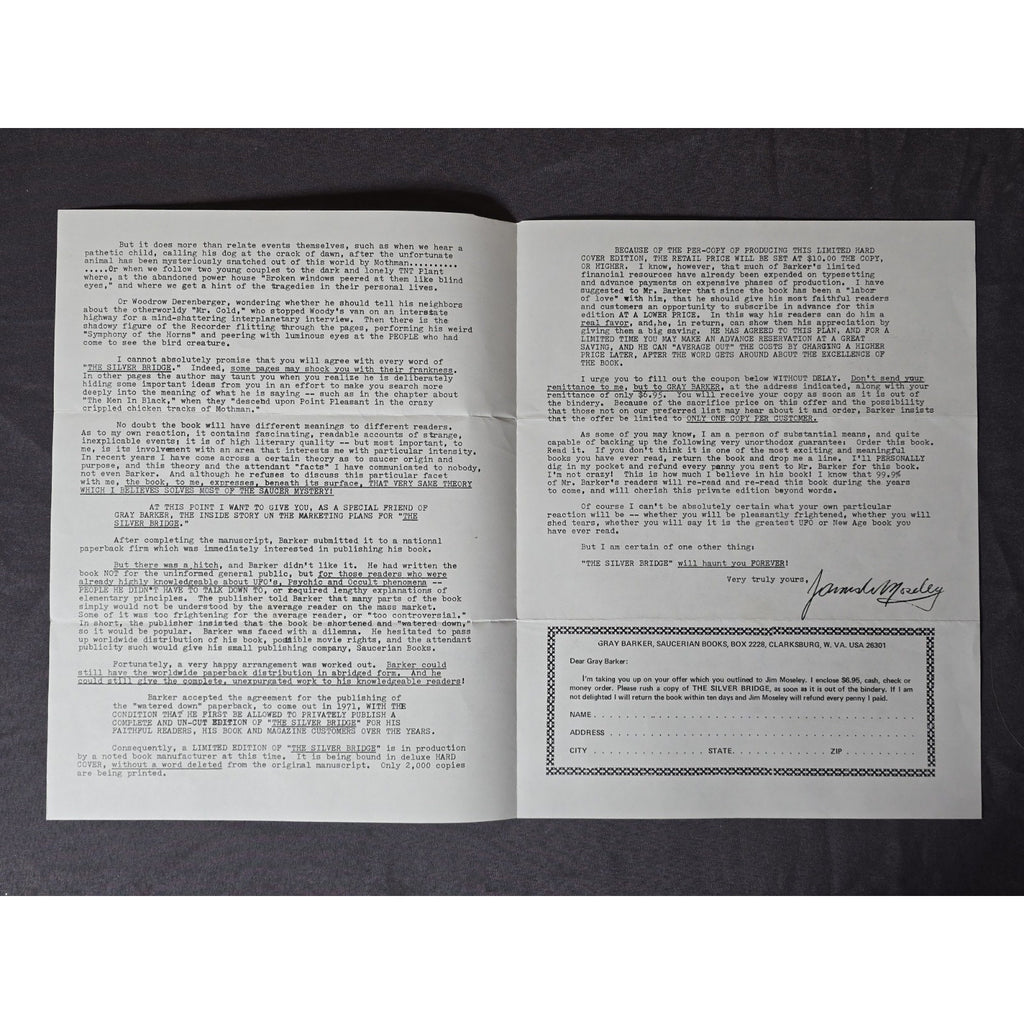 Original Saucerian Publications Newsletter from James Moseley about Gray Barkers new Mothman book, Silver Bridge.