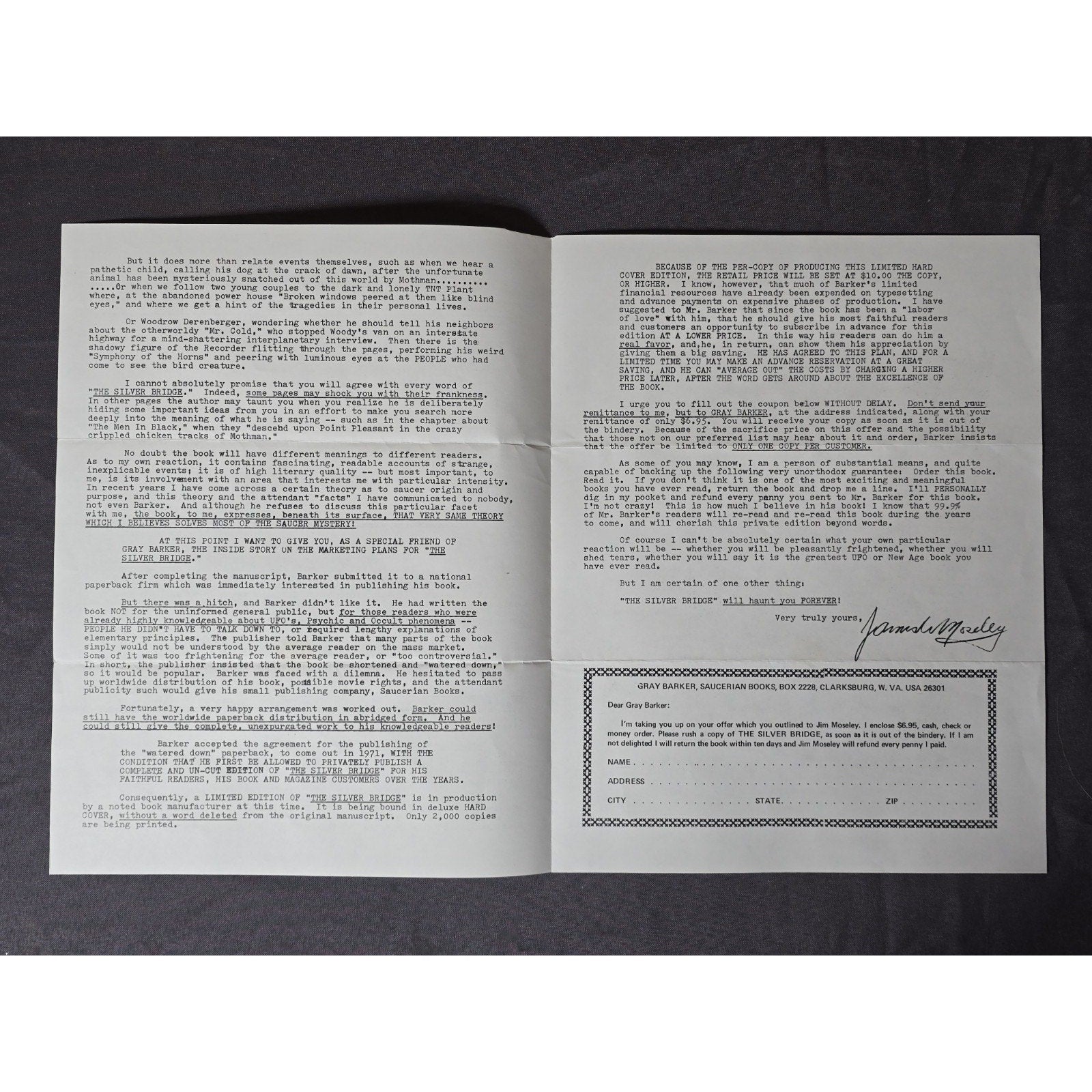 Original Saucerian Publications Newsletter from James Moseley about Gray Barkers new Mothman book, Silver Bridge.