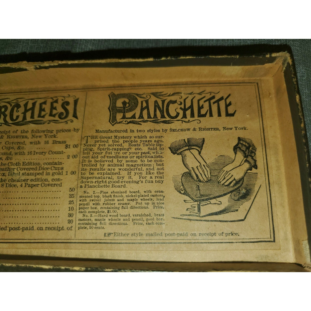 1890 Spirit Board (Ouija) Planchette Advertising Parcheesi Game Box