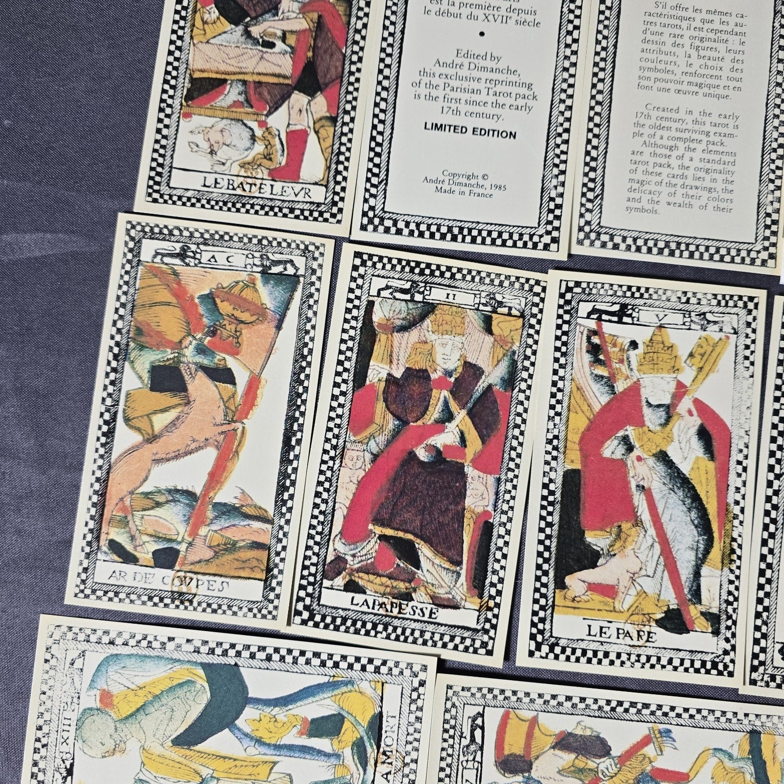 Vintage Tarot de Paris Card Deck 17th Century Reproduction by Andre Dimanche. Printed by Grimaud OOP