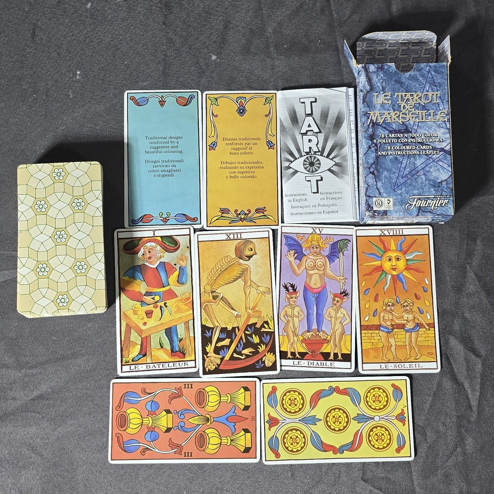 Vintage Le Tarot De Marseille Fournier of Spain Reprint Multilingual Rare