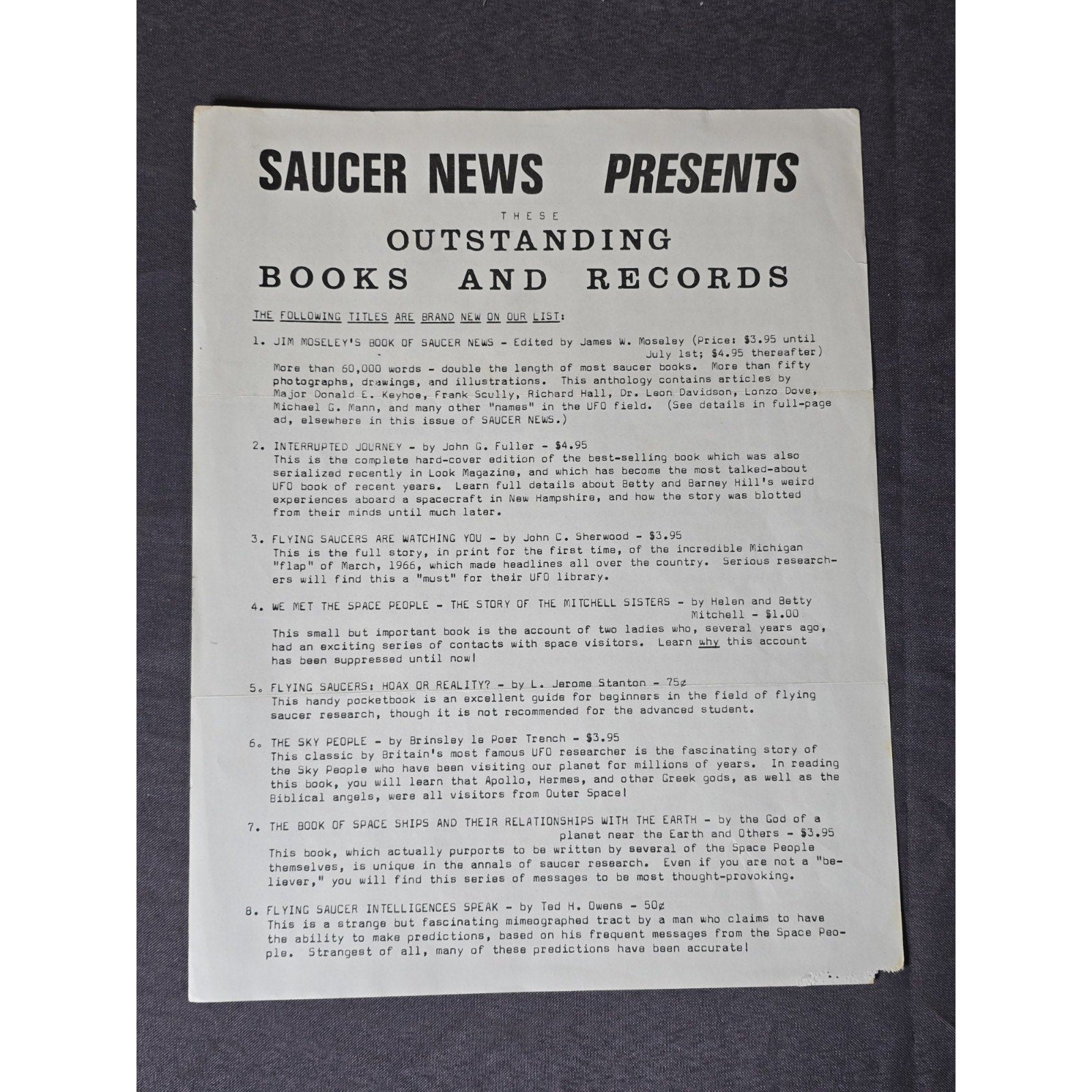 Original Saucer News Presents Books And Records For Sale 1960s Mail Order UFO