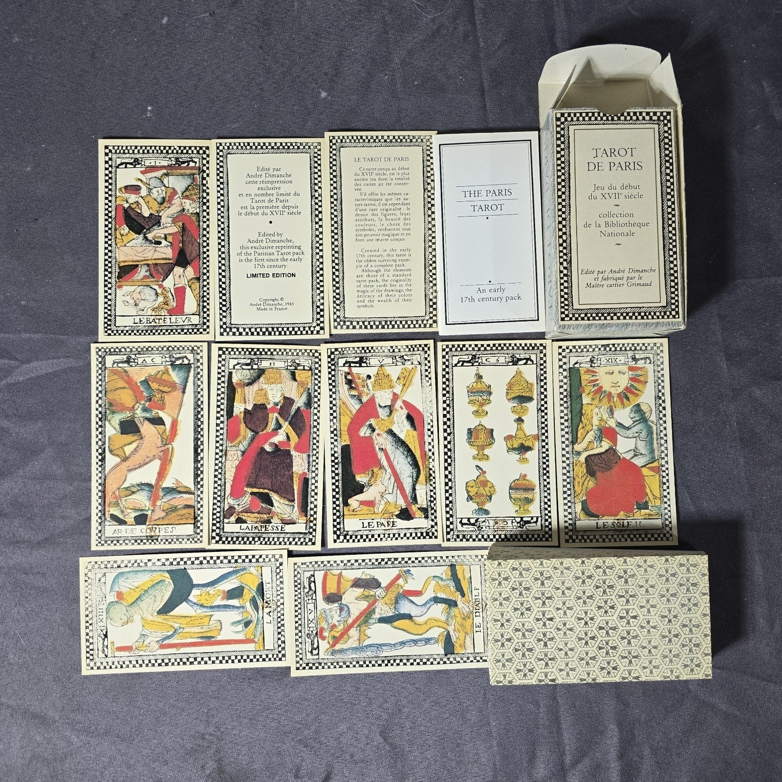 Vintage Tarot de Paris Card Deck 17th Century Reproduction by Andre Dimanche. Printed by Grimaud OOP
