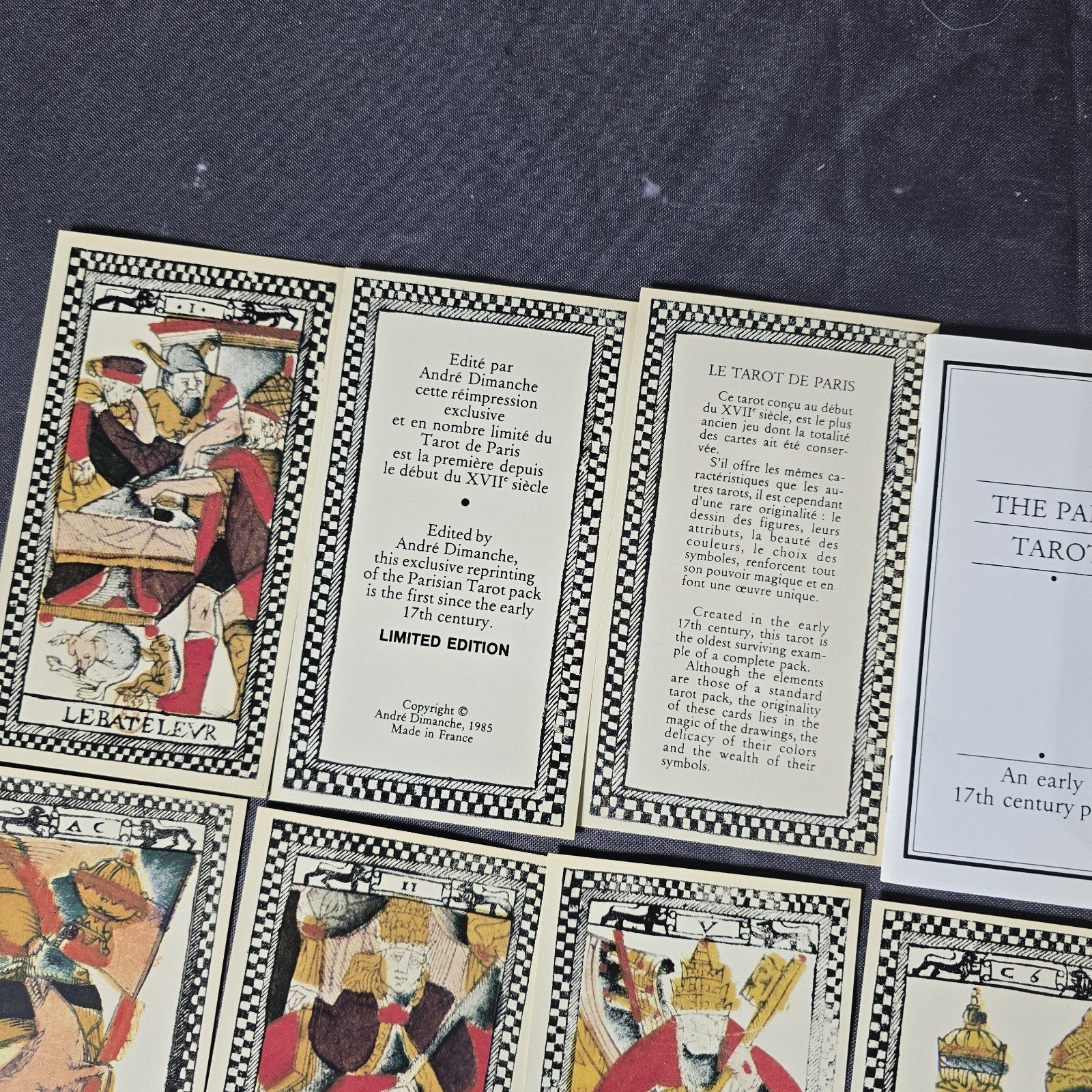 Vintage Tarot de Paris Card Deck 17th Century Reproduction by Andre Dimanche. Printed by Grimaud OOP