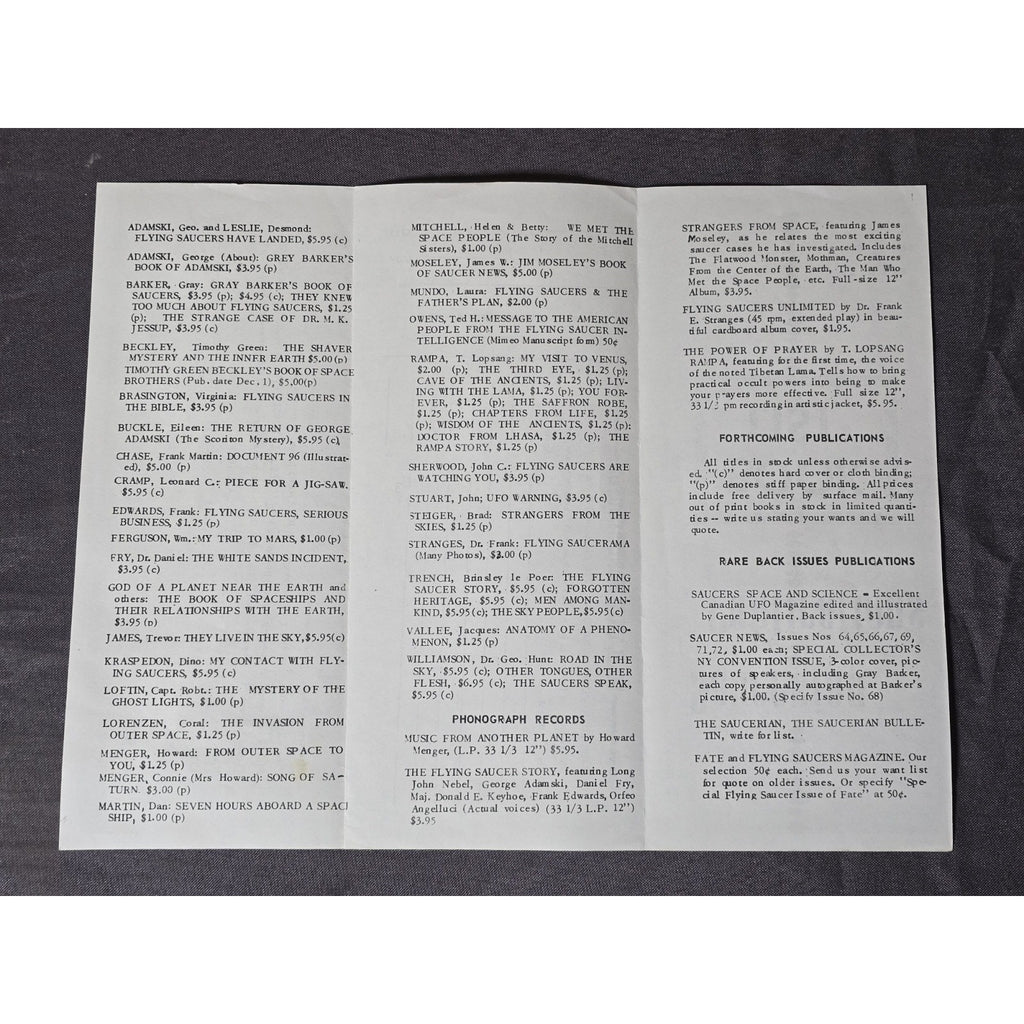 Original Saucerian Publications Book List for Winter 1968-1969 Gray Barker