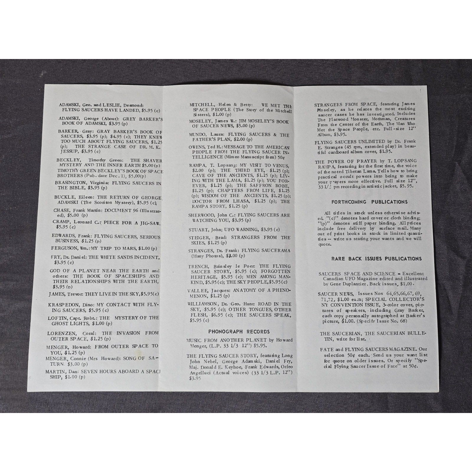 Original Saucerian Publications Book List for Winter 1968-1969 Gray Barker
