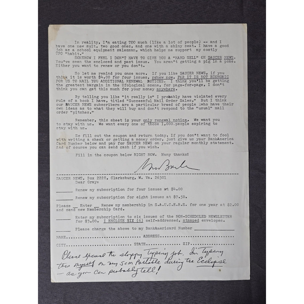 Original 1960s Saucer News Subscription Renewal Letter with Gray Barker Signature Facsimile