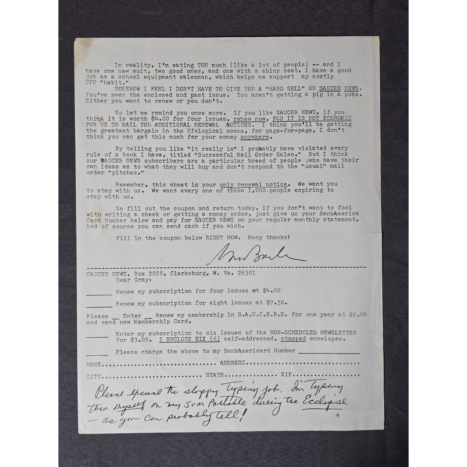 Original 1960s Saucer News Subscription Renewal Letter with Gray Barker Signature Facsimile