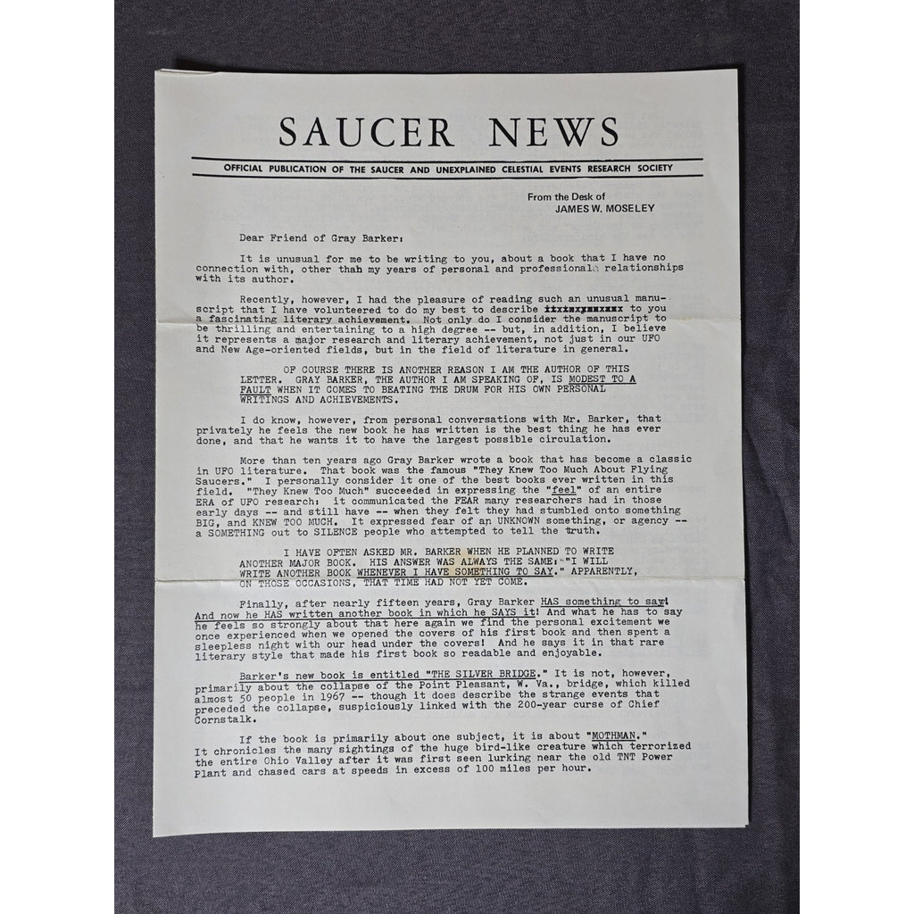 Original Saucerian Publications Newsletter from James Moseley about Gray Barkers new Mothman book, Silver Bridge.