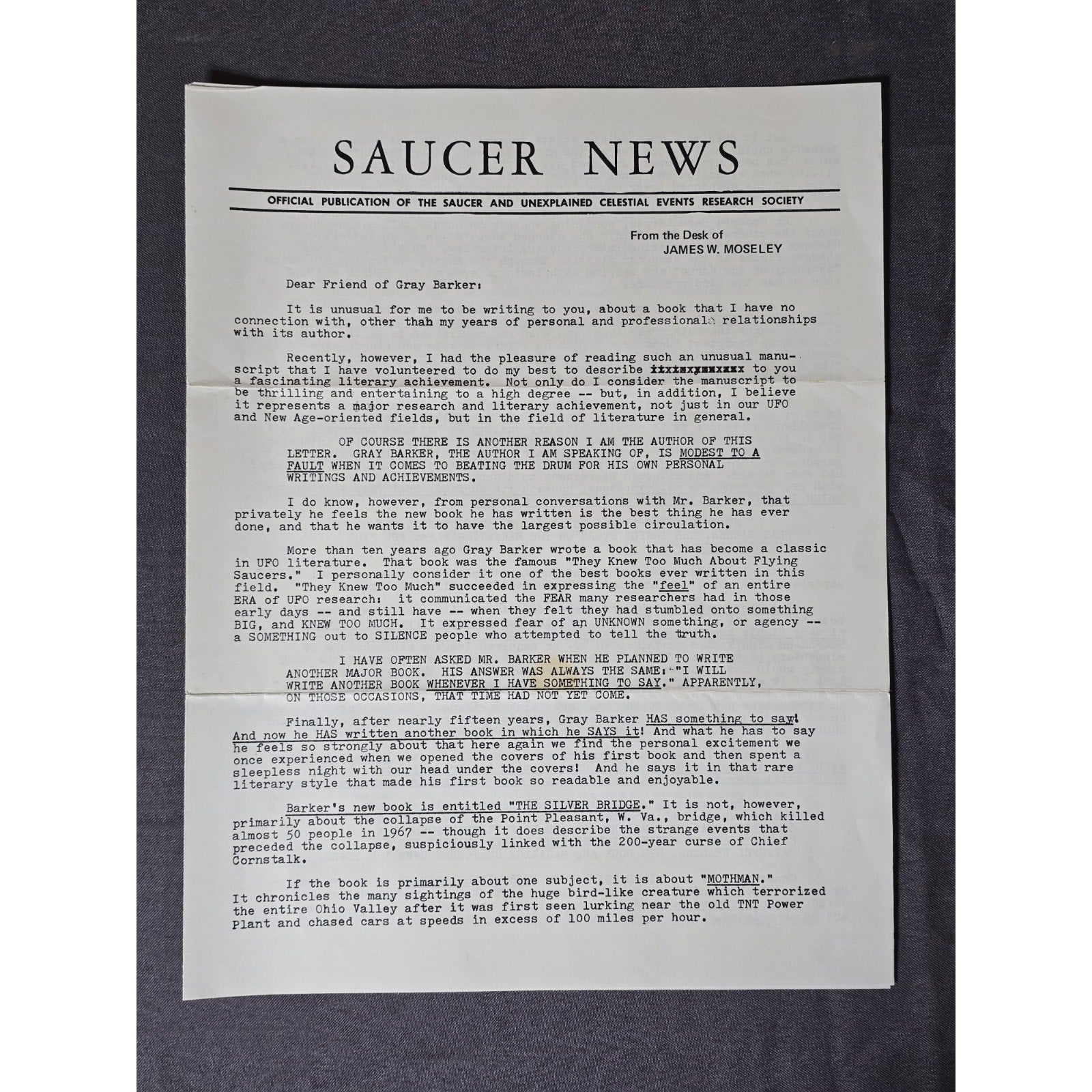 Original Saucerian Publications Newsletter from James Moseley about Gray Barkers new Mothman book, Silver Bridge.