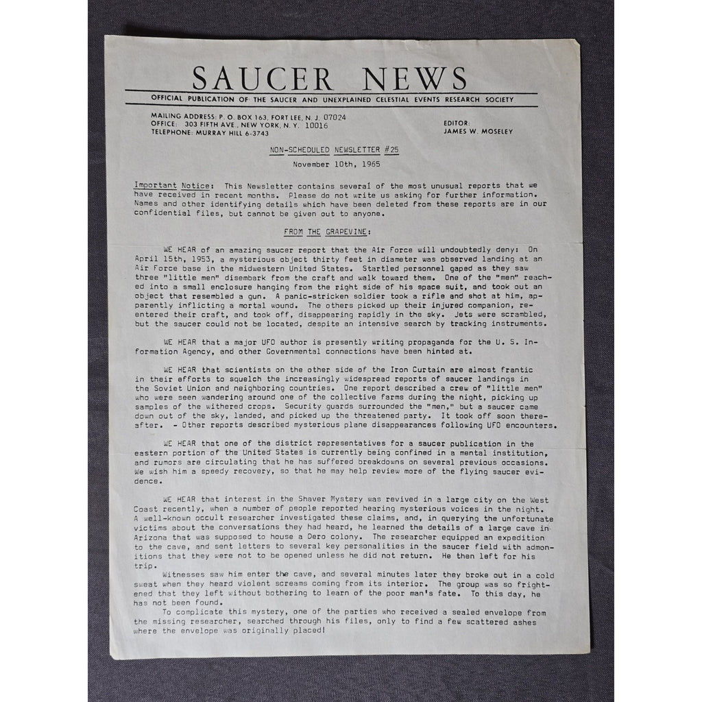 Original Saucer News Non-Scheduled Newsletter #25 Nov. 10, 1965 UFO Extraterrestrial over the Iron Curtain