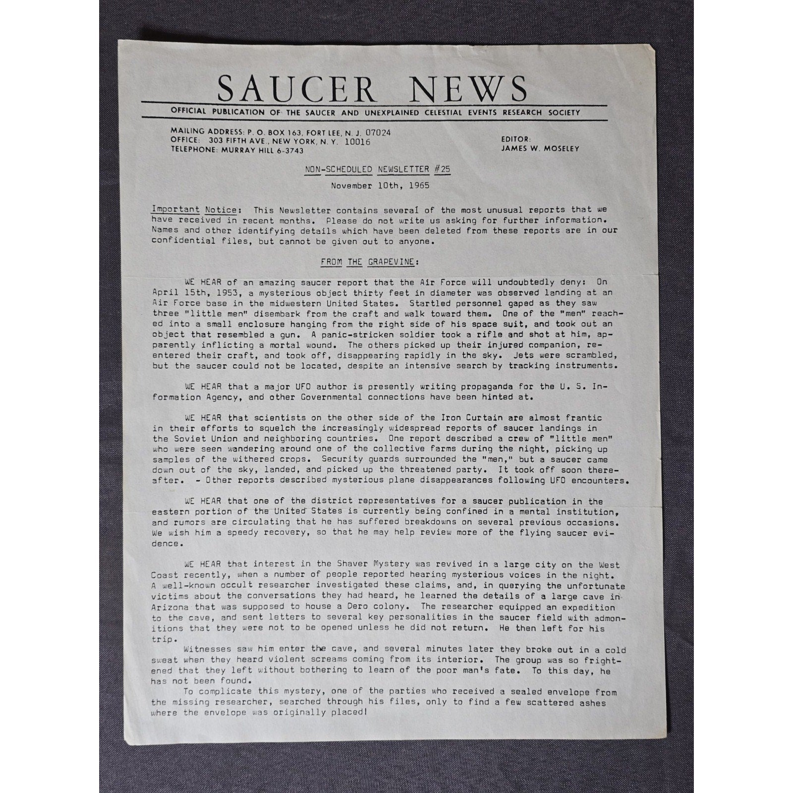 Original Saucer News Non-Scheduled Newsletter #25 Nov. 10, 1965 UFO Extraterrestrial over the Iron Curtain