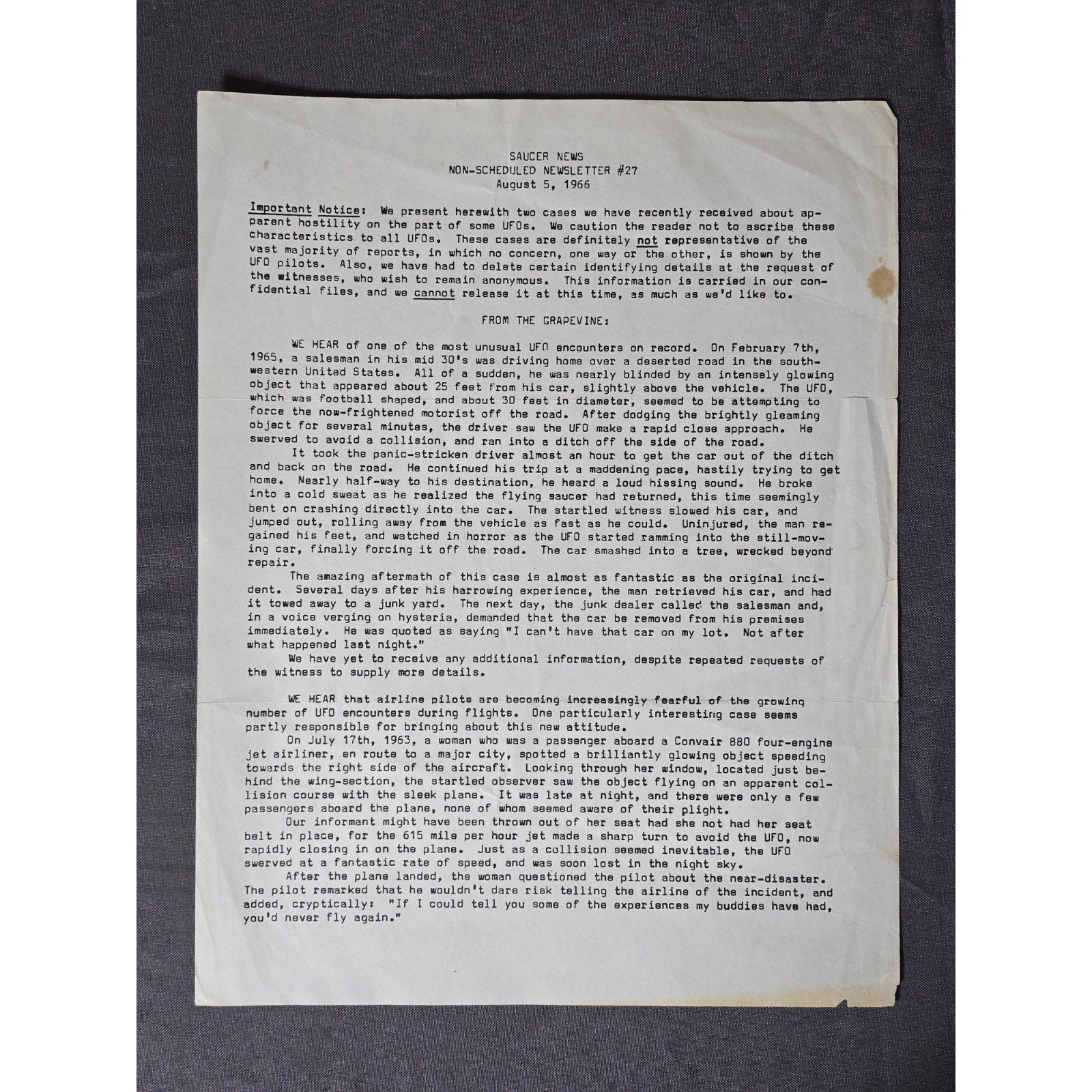 Saucer News Non-Scheduled Newsletter #27 Aug 5, 1966 2 UFO Encounters Stories
