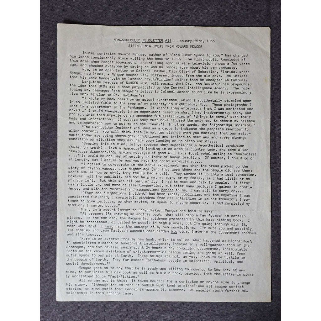 Vintage Saucer News Non-Scheduled Newsletter #26 Howard Mengers Jan 25th, 1966