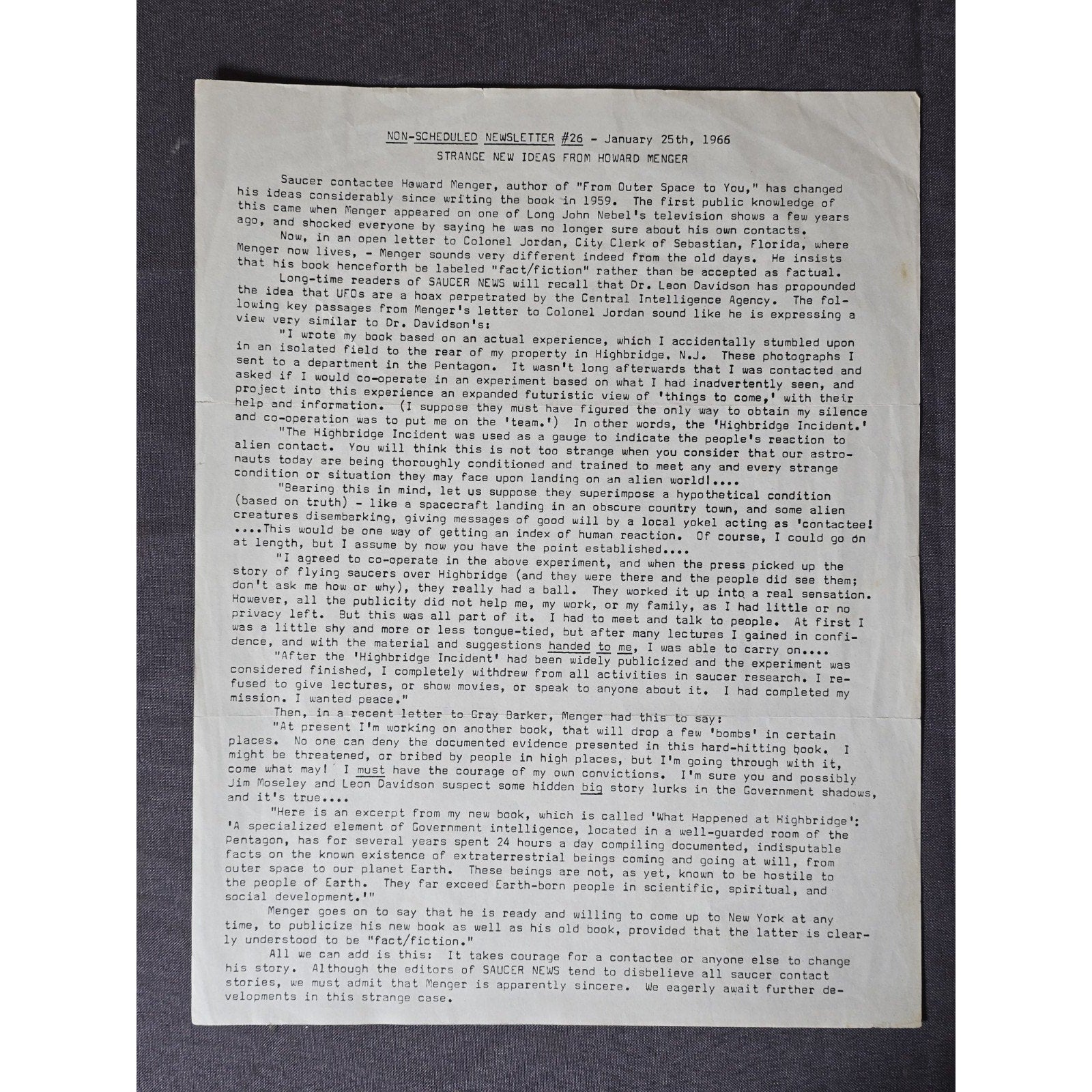 Vintage Saucer News Non-Scheduled Newsletter #26 Howard Mengers Jan 25th, 1966