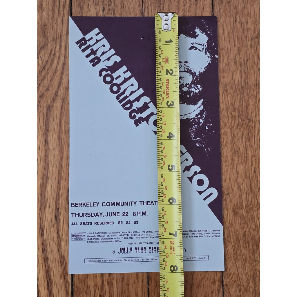 Original Concert Ticket Kris Kristofferson and Rita Coolidge 1972 at Berkeley Theater