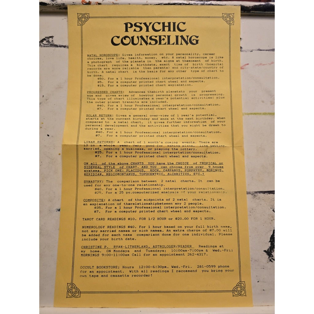 Vintage Advertisment Flyer for Psychic Counseling Medium Fortune Telling Chicago, IL Occult