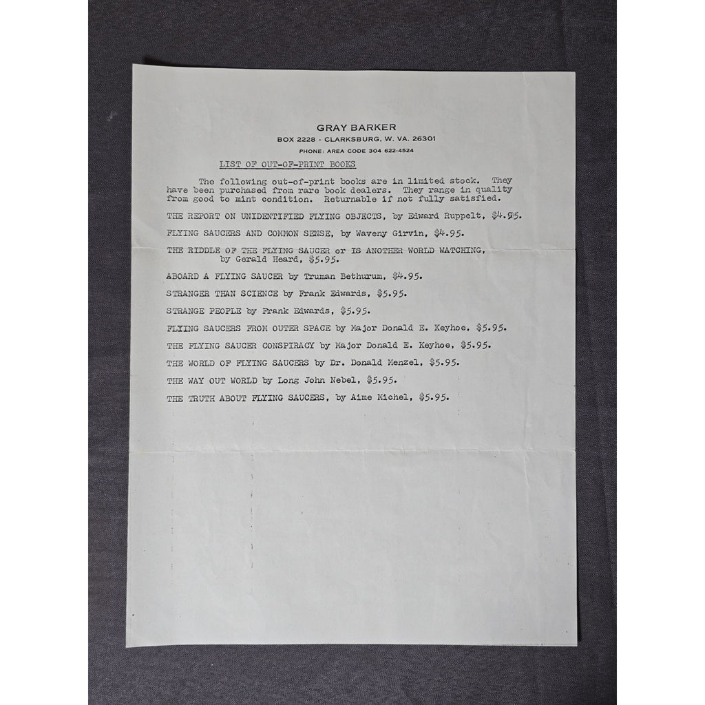 1960s Gray Barker's Out Of Print Book List Order Form UFO Flying Saucer Paper