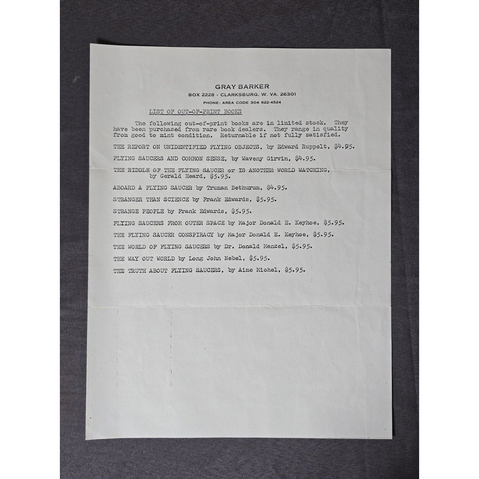 1960s Gray Barker's Out Of Print Book List Order Form UFO Flying Saucer Paper