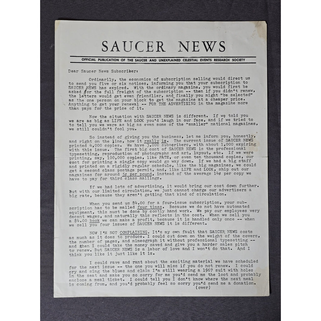 Original 1960s Saucer News Subscription Renewal Letter with Gray Barker Signature Facsimile