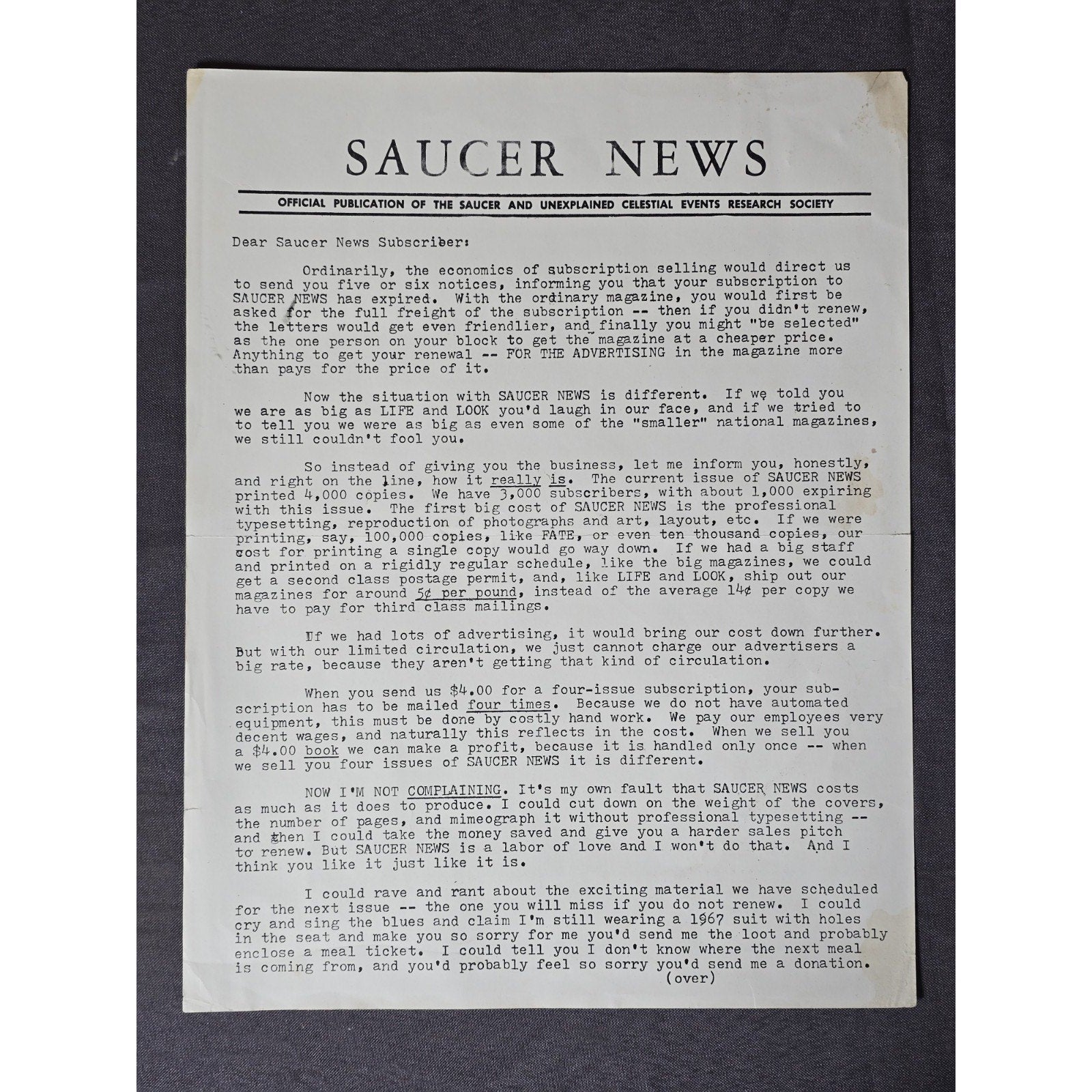 Original 1960s Saucer News Subscription Renewal Letter with Gray Barker Signature Facsimile