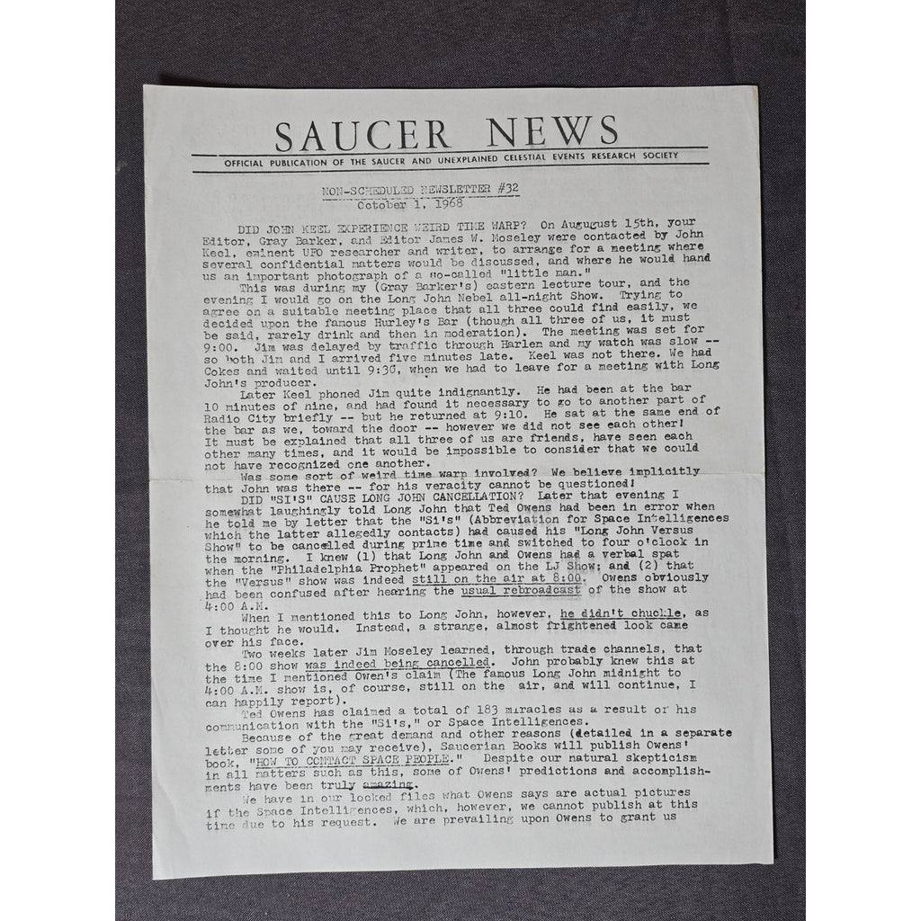 Vintage Saucer News Unscheduled Newsletter #32 Oct. 1 1968 John Keel Long John