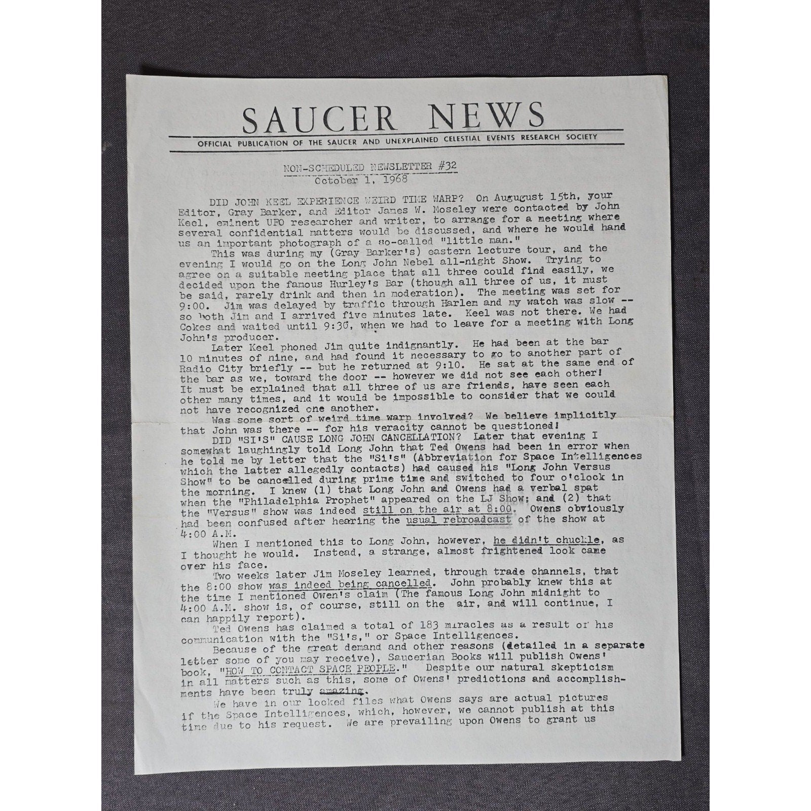 Vintage Saucer News Unscheduled Newsletter #32 Oct. 1 1968 John Keel Long John
