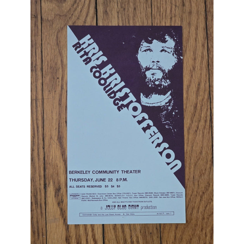 Original Concert Ticket Kris Kristofferson and Rita Coolidge 1972 at Berkeley Theater