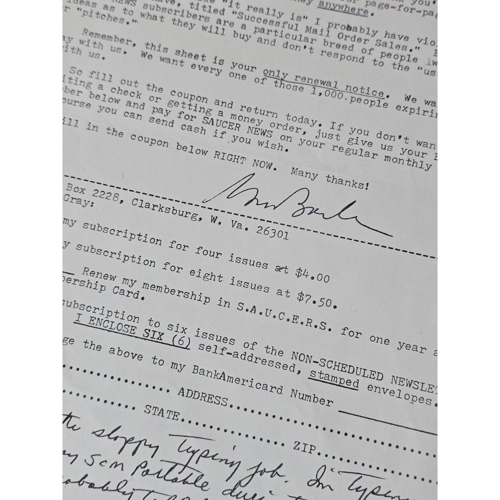 Original 1960s Saucer News Subscription Renewal Letter with Gray Barker Signature Facsimile