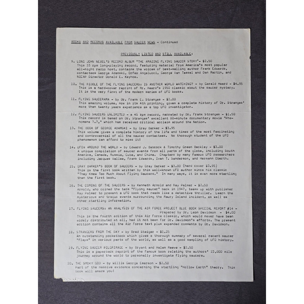 Original Saucer News Presents Books And Records For Sale 1960s Mail Order UFO