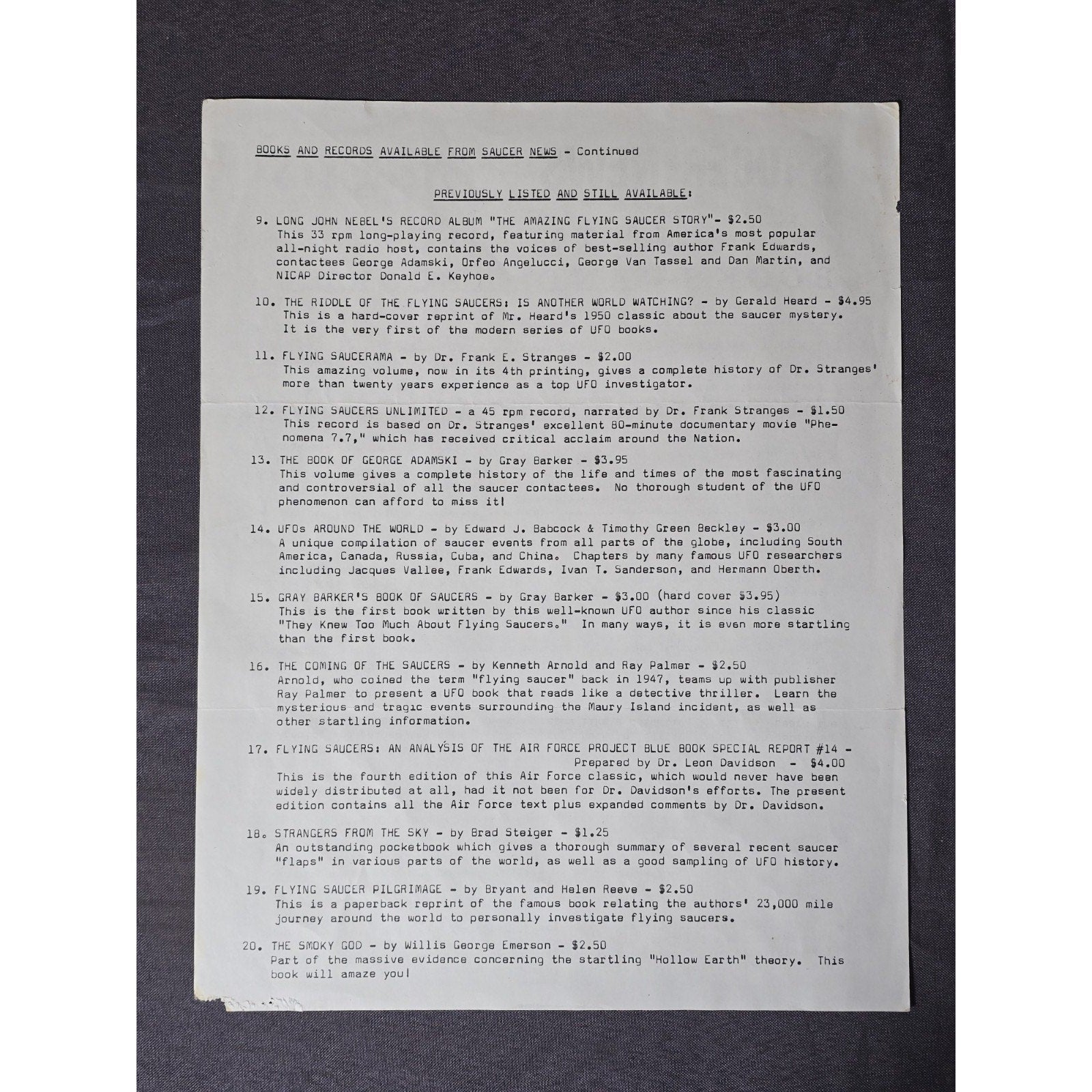 Original Saucer News Presents Books And Records For Sale 1960s Mail Order UFO